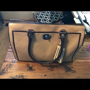 Coach Satchel tan with eggplant purple accents